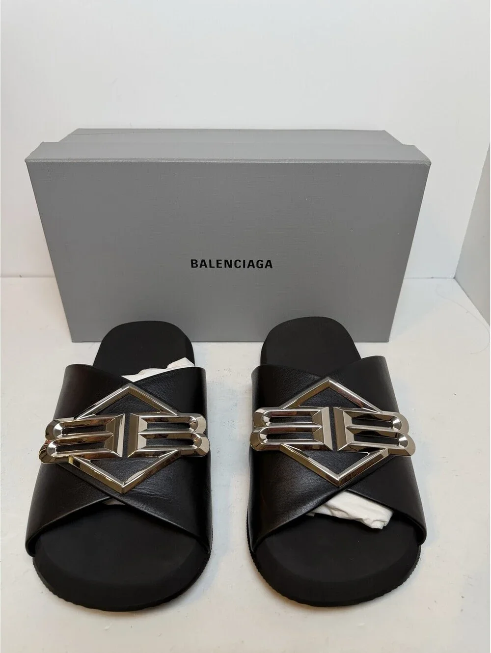 Balenciaga Sunset Flat BB Sandal Black Mens Size 11/44 New
